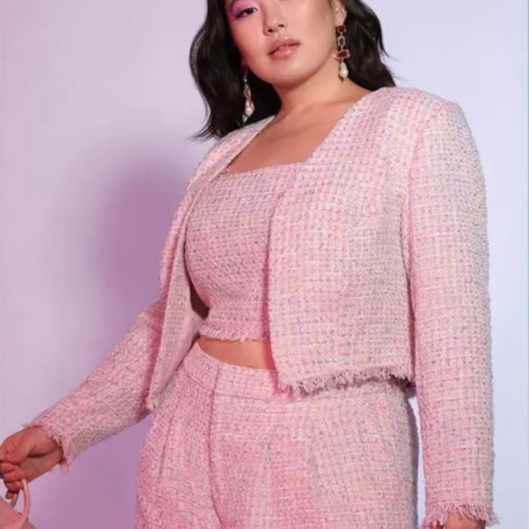 Eloquii Jackets & Blazers - ELOQUII Tweed Open Front Cropped Jacket blazer Pink Fringe Size 14 Barbie Core
